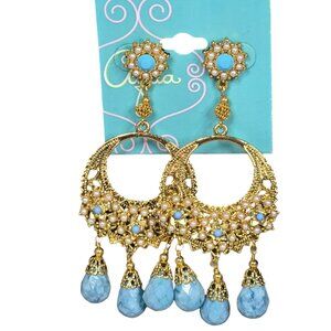 AQUA Women's Statement Chandelier Pierced Dangle Earrings Gold Tone Blue NWT